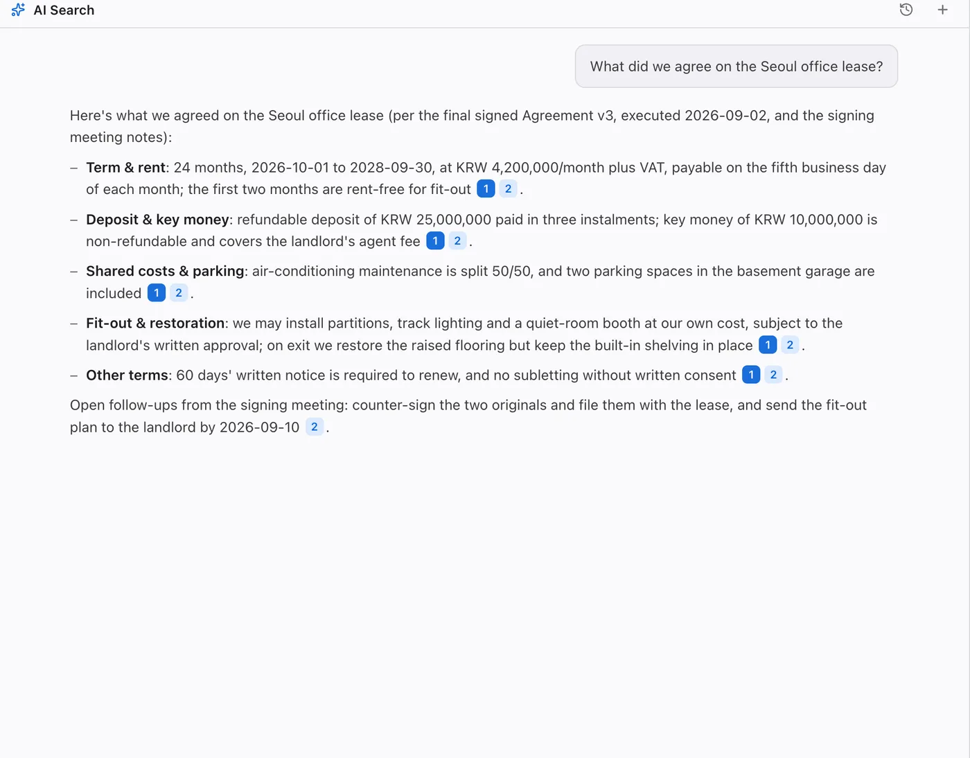 A Dazzi answer summarizing the Seoul office lease terms, with citations