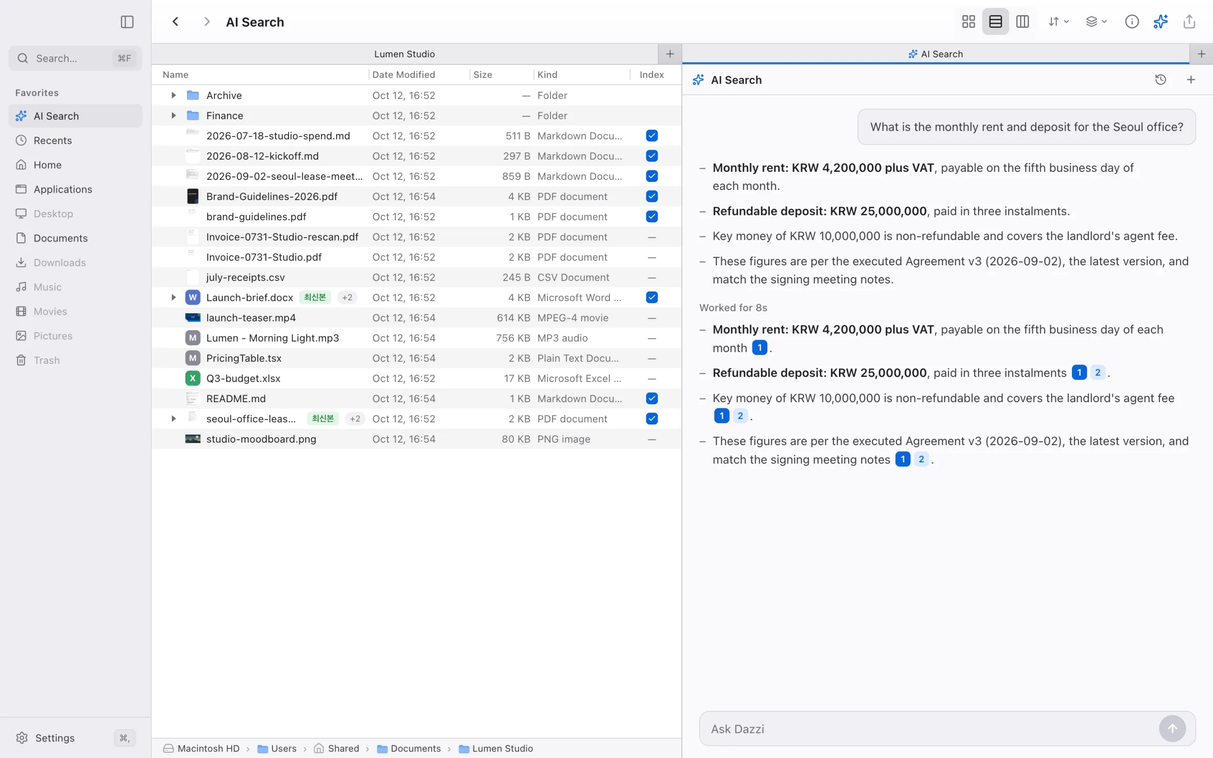 A folder pane beside an AI Search pane
