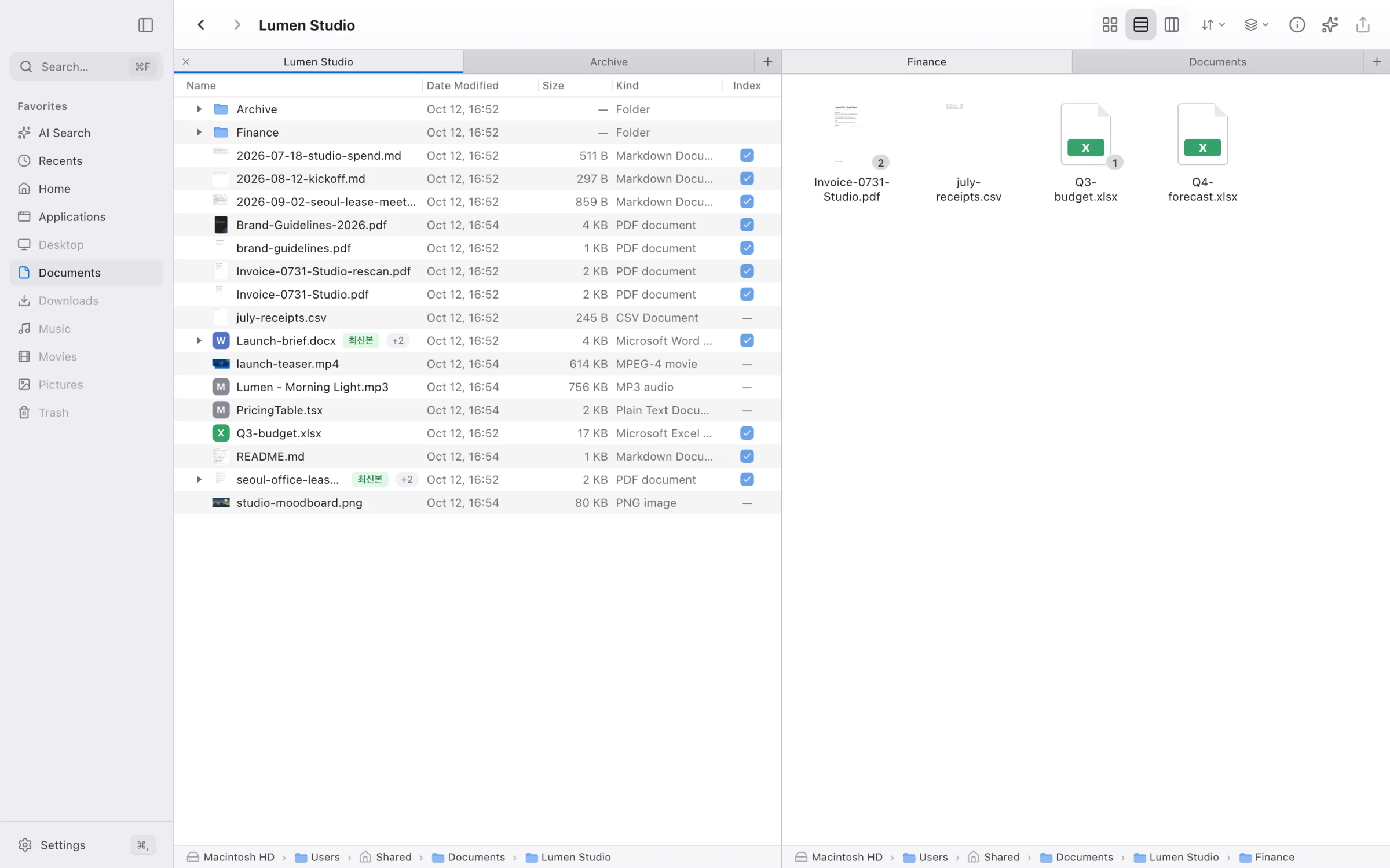 Two Finder panes side by side, each with its own tabs