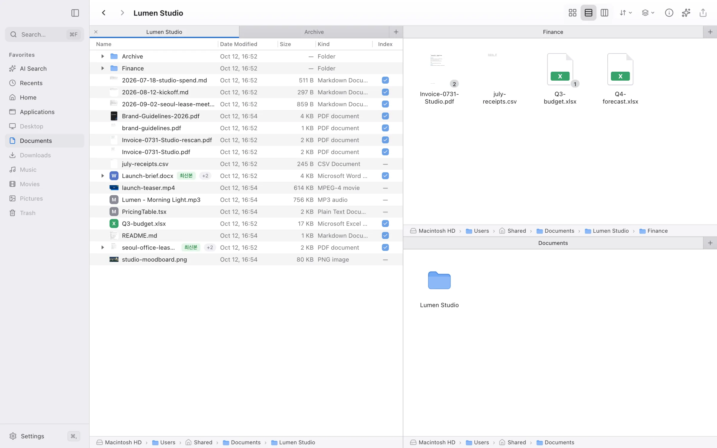 Three Finder panes split horizontally and vertically