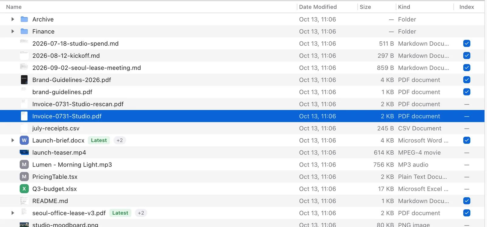 Finder list with an invoice and its identical rescan stacked under one row